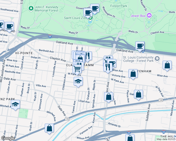 map of restaurants, bars, coffee shops, grocery stores, and more near 1224 Graham Street in Saint Louis
