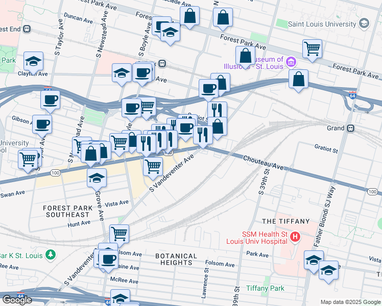 map of restaurants, bars, coffee shops, grocery stores, and more near 4030 Chouteau Avenue in St. Louis