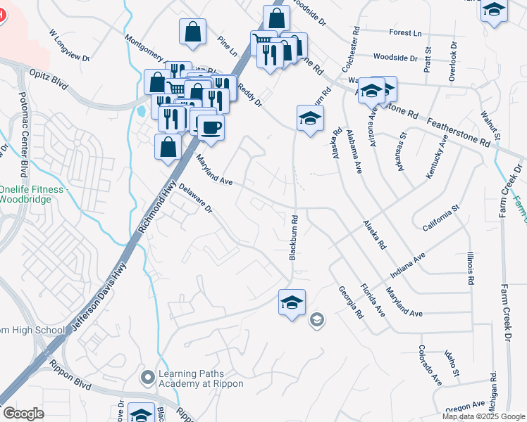 map of restaurants, bars, coffee shops, grocery stores, and more near 14928 Hyatt Pl in Woodbridge