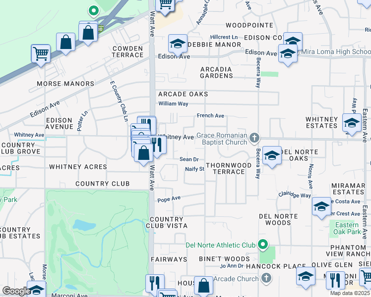 map of restaurants, bars, coffee shops, grocery stores, and more near 3411 Coleen Court in Sacramento