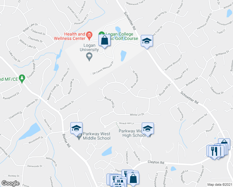 map of restaurants, bars, coffee shops, grocery stores, and more near 2122 Brook Hill Ridge Drive in Chesterfield