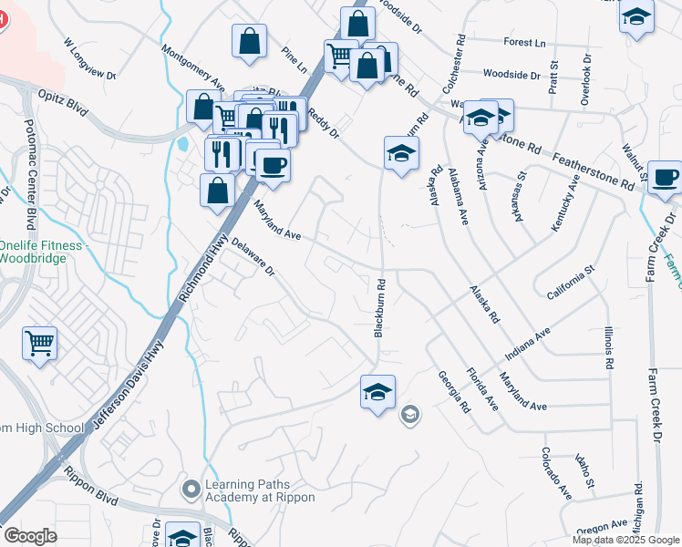map of restaurants, bars, coffee shops, grocery stores, and more near 14928 Hyatt Place in Woodbridge