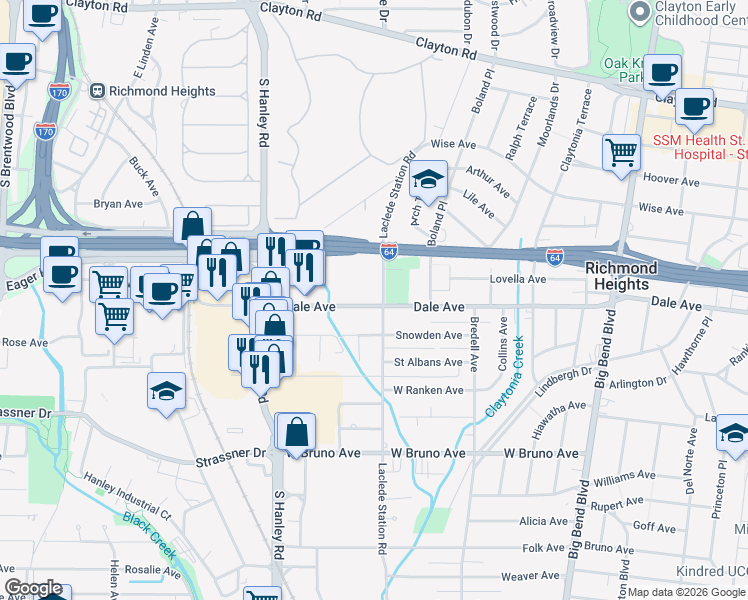 map of restaurants, bars, coffee shops, grocery stores, and more near 1325 Laclede Station Road in Richmond Heights