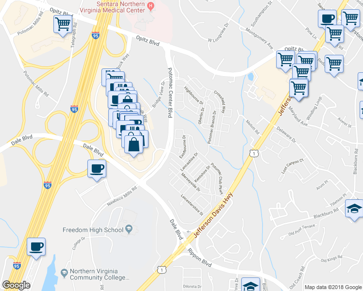 map of restaurants, bars, coffee shops, grocery stores, and more near 2505 Eastbourne Drive in Woodbridge