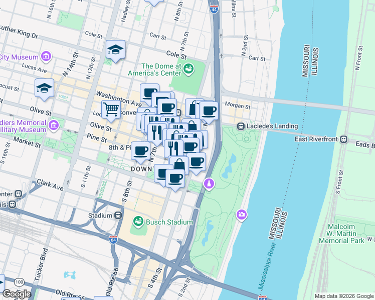 map of restaurants, bars, coffee shops, grocery stores, and more near 301 North Broadway in St. Louis