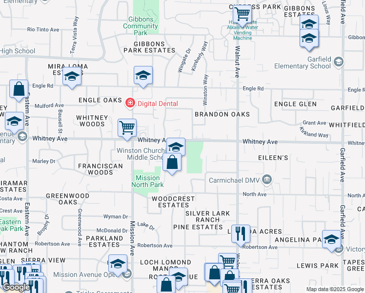 map of restaurants, bars, coffee shops, grocery stores, and more near 4900 Whitney Avenue in Carmichael