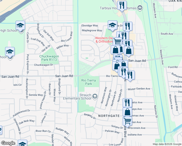 map of restaurants, bars, coffee shops, grocery stores, and more near 924 San Juan Road in Sacramento