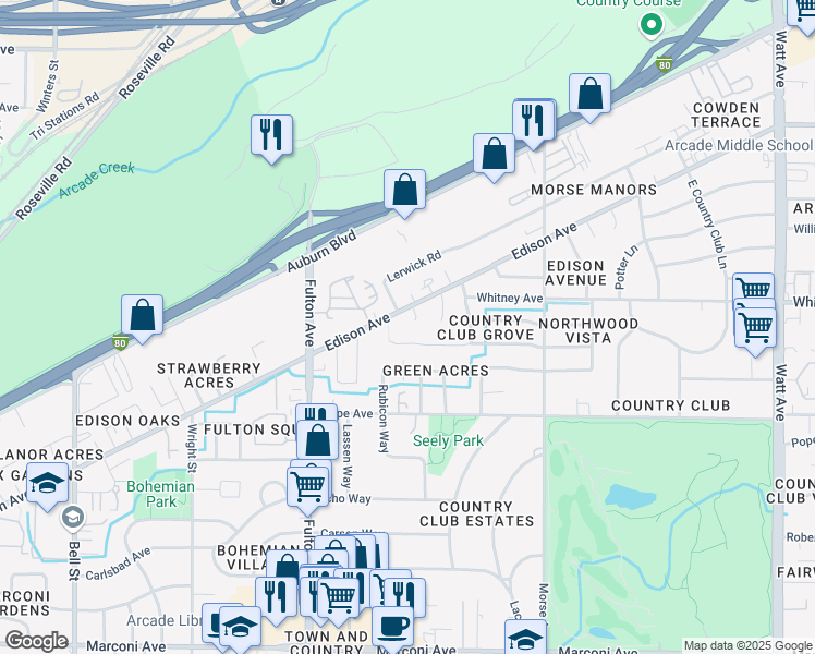 map of restaurants, bars, coffee shops, grocery stores, and more near 2732 Edison Avenue in Sacramento