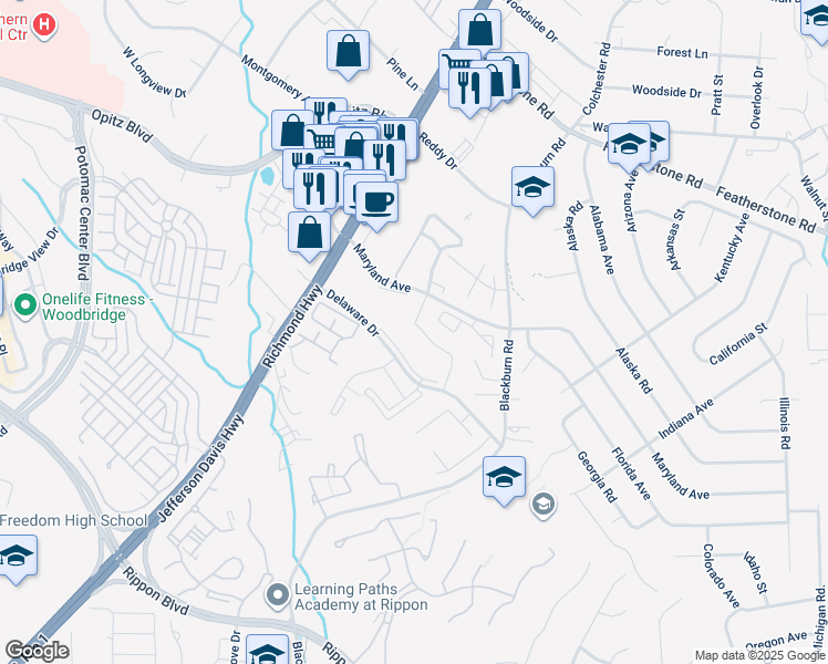 map of restaurants, bars, coffee shops, grocery stores, and more near 14906 Enterprise Lane in Woodbridge
