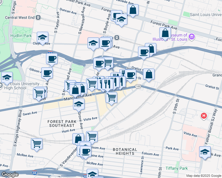 map of restaurants, bars, coffee shops, grocery stores, and more near 4145 Manchester Avenue in St. Louis