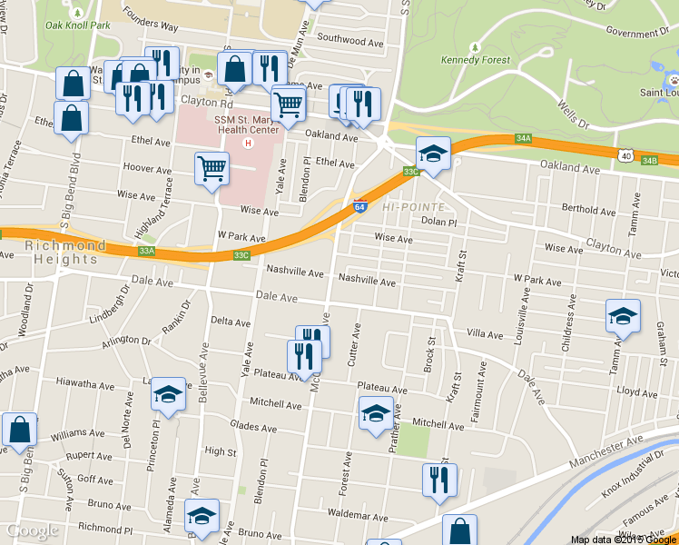 map of restaurants, bars, coffee shops, grocery stores, and more near 6937 Nashville Avenue in St. Louis