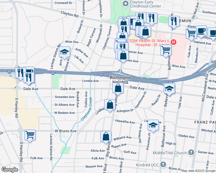 map of restaurants, bars, coffee shops, grocery stores, and more near 7515 Dale Avenue in Richmond Heights
