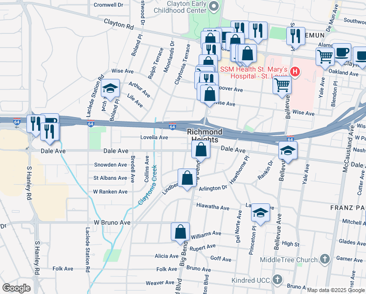 map of restaurants, bars, coffee shops, grocery stores, and more near 7515 Dale Avenue in Richmond Heights