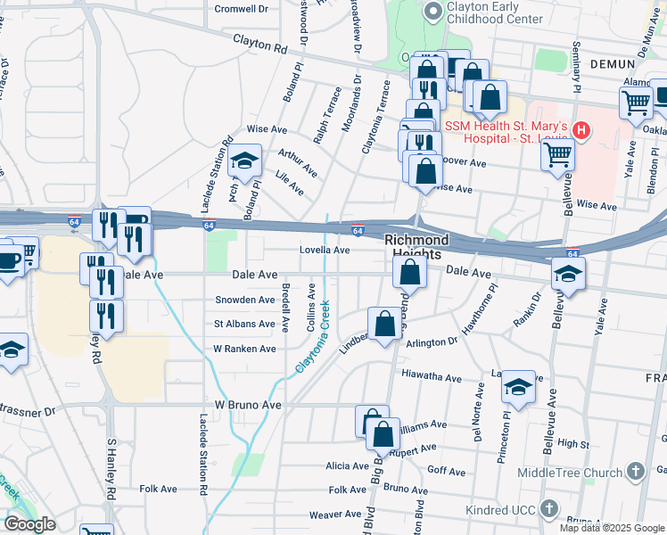 map of restaurants, bars, coffee shops, grocery stores, and more near 7611 Dale Avenue in St. Louis