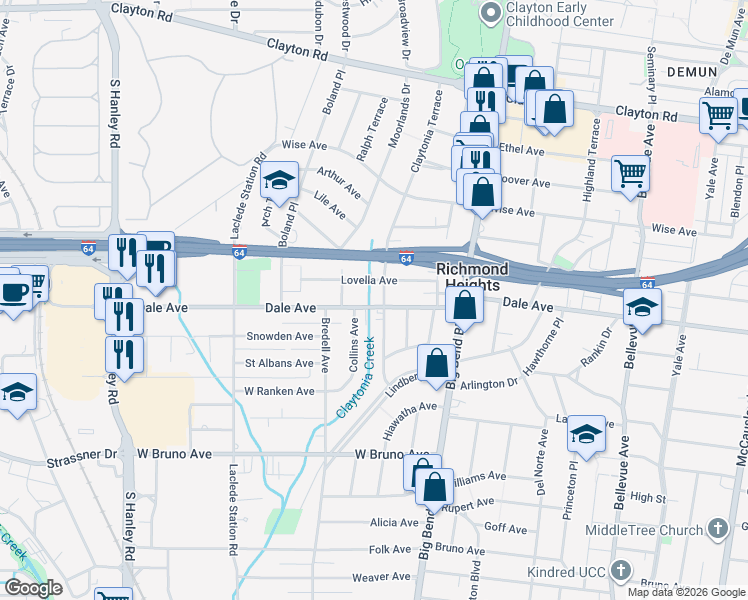 map of restaurants, bars, coffee shops, grocery stores, and more near 7611 Dale Avenue in St. Louis