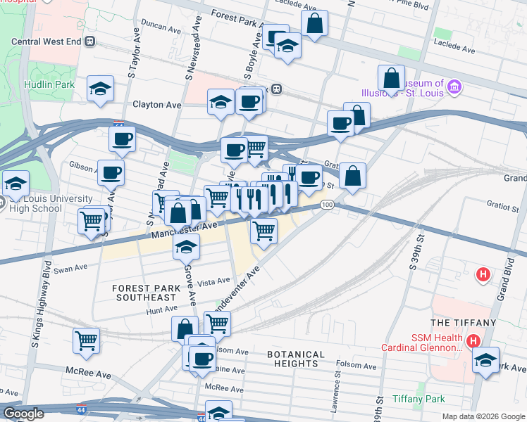map of restaurants, bars, coffee shops, grocery stores, and more near 4145 Manchester Avenue in St. Louis