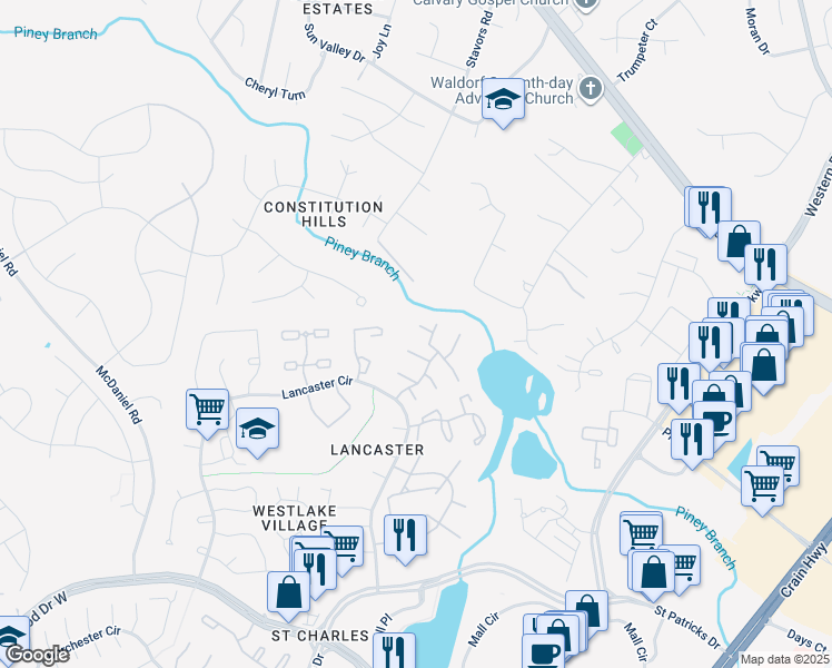 map of restaurants, bars, coffee shops, grocery stores, and more near 4451 Eagle Court in Waldorf