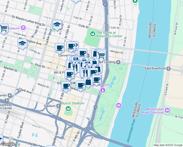 map of restaurants, bars, coffee shops, grocery stores, and more near 301 North Broadway in St. Louis