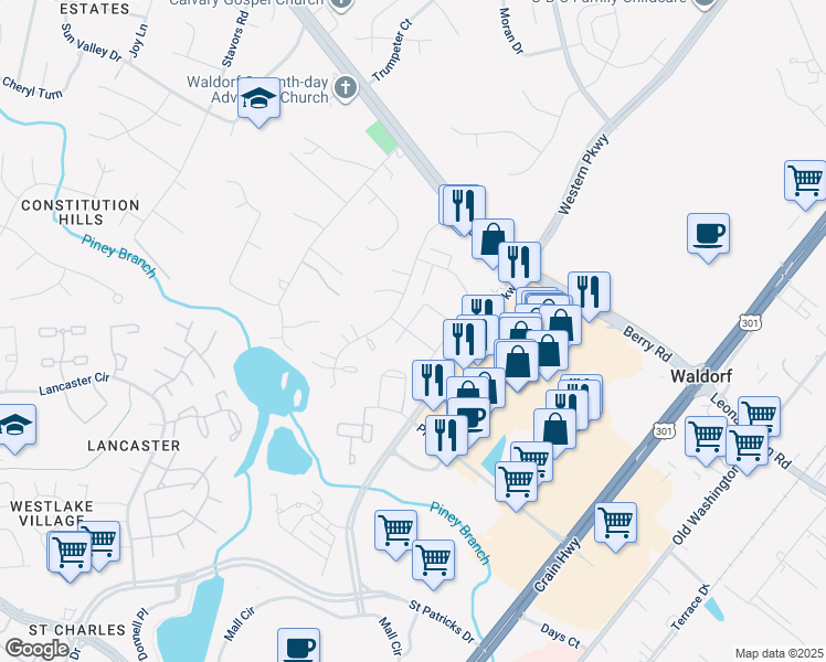 map of restaurants, bars, coffee shops, grocery stores, and more near 11301 Golden Eagle Place in Waldorf