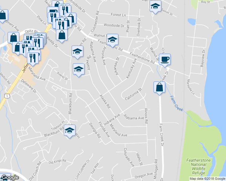 map of restaurants, bars, coffee shops, grocery stores, and more near 1513 Kentucky Avenue in Woodbridge
