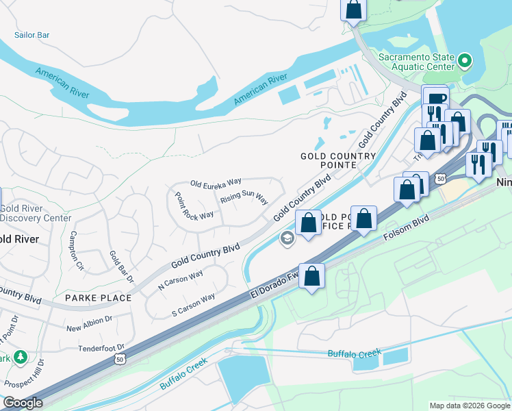 map of restaurants, bars, coffee shops, grocery stores, and more near 2055 Rainbow Mine Court in Gold River