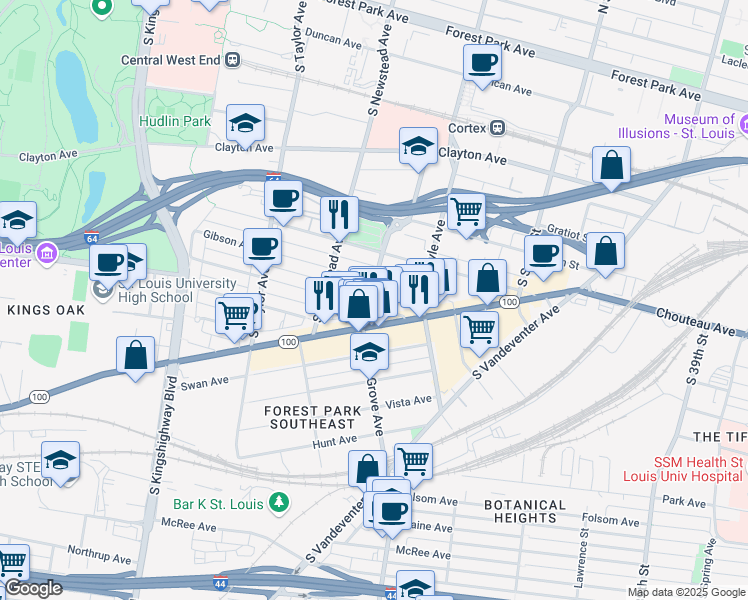 map of restaurants, bars, coffee shops, grocery stores, and more near 4251 Arco Avenue in St. Louis