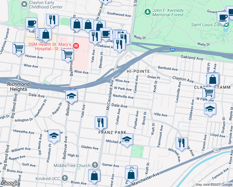map of restaurants, bars, coffee shops, grocery stores, and more near 6937 Nashville Avenue in St. Louis
