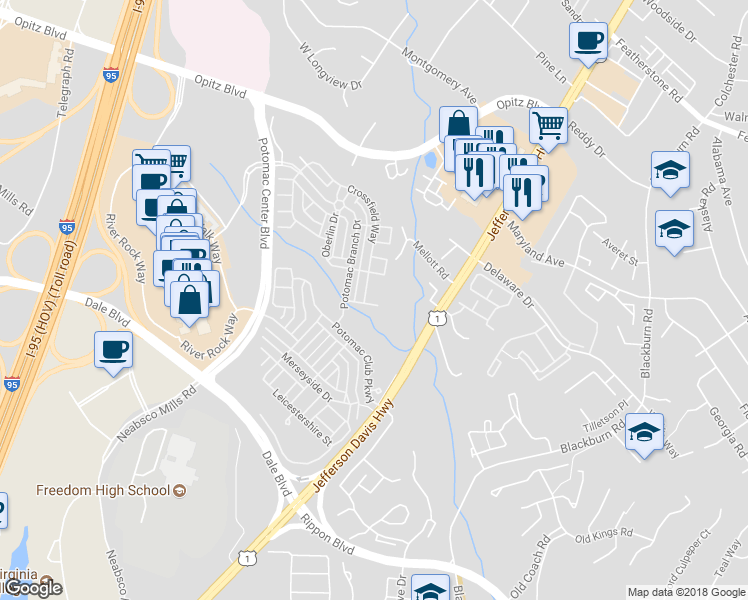 map of restaurants, bars, coffee shops, grocery stores, and more near 2106 Ivy Stone Place in Woodbridge
