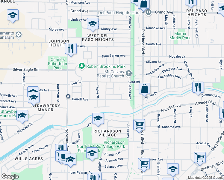 map of restaurants, bars, coffee shops, grocery stores, and more near 672 Dora Huntzing Avenue in Sacramento