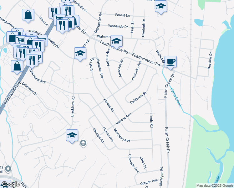 map of restaurants, bars, coffee shops, grocery stores, and more near 1513 Kentucky Avenue in Woodbridge