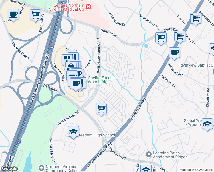 map of restaurants, bars, coffee shops, grocery stores, and more near 2539 Eastbourne Drive in Woodbridge