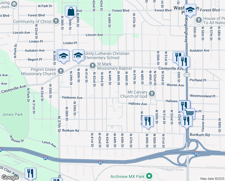 map of restaurants, bars, coffee shops, grocery stores, and more near 1426 N 44th St in East St Louis
