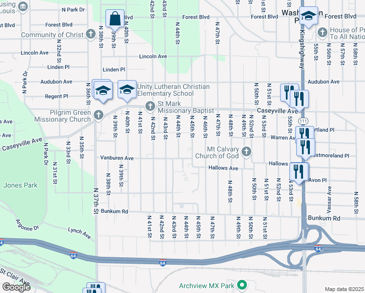 map of restaurants, bars, coffee shops, grocery stores, and more near 1426 North 44th Street in East St. Louis