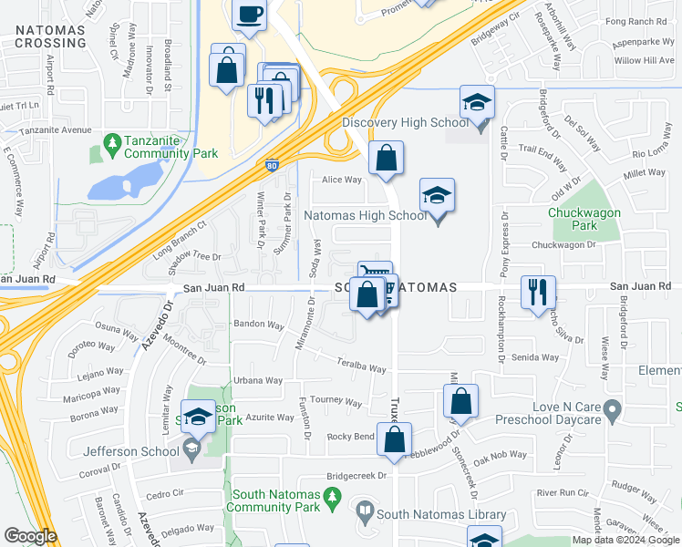 map of restaurants, bars, coffee shops, grocery stores, and more near 111 Balcaro Way in Sacramento