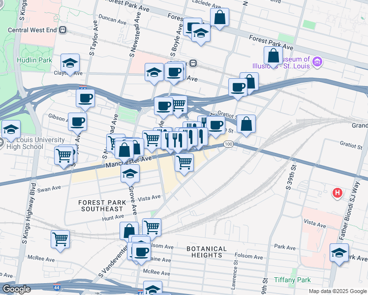 map of restaurants, bars, coffee shops, grocery stores, and more near 4145 Manchester Avenue in St. Louis