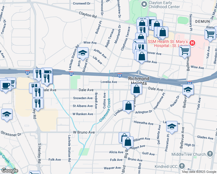 map of restaurants, bars, coffee shops, grocery stores, and more near 7611 Dale Avenue in St. Louis