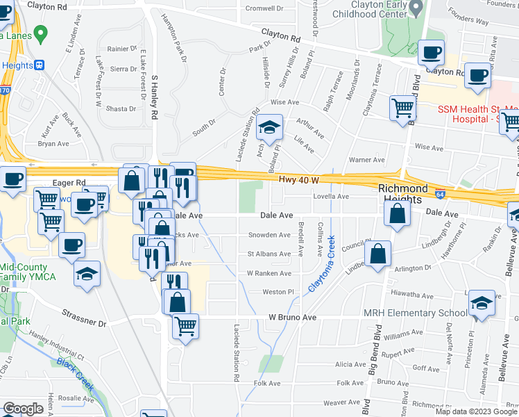 map of restaurants, bars, coffee shops, grocery stores, and more near 1325 Boland Place in Richmond Heights