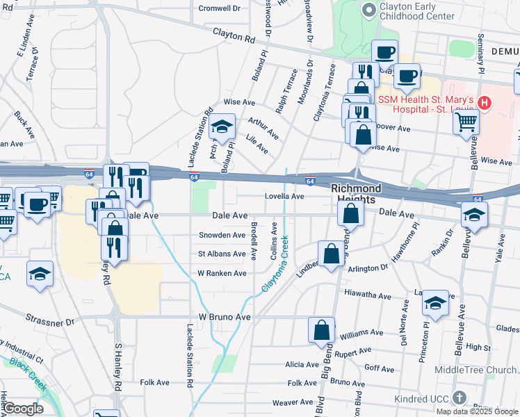 map of restaurants, bars, coffee shops, grocery stores, and more near 7707 Dale Avenue in Richmond Heights