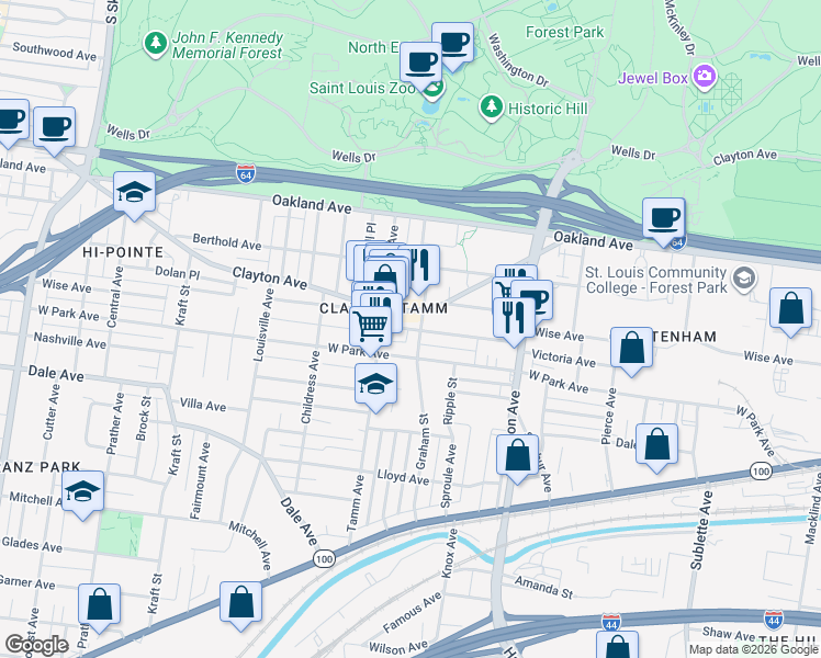 map of restaurants, bars, coffee shops, grocery stores, and more near 6325 Victoria Avenue in Saint Louis