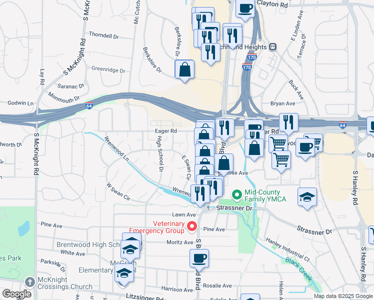 map of restaurants, bars, coffee shops, grocery stores, and more near 1441 Bluebird Terrace in St. Louis