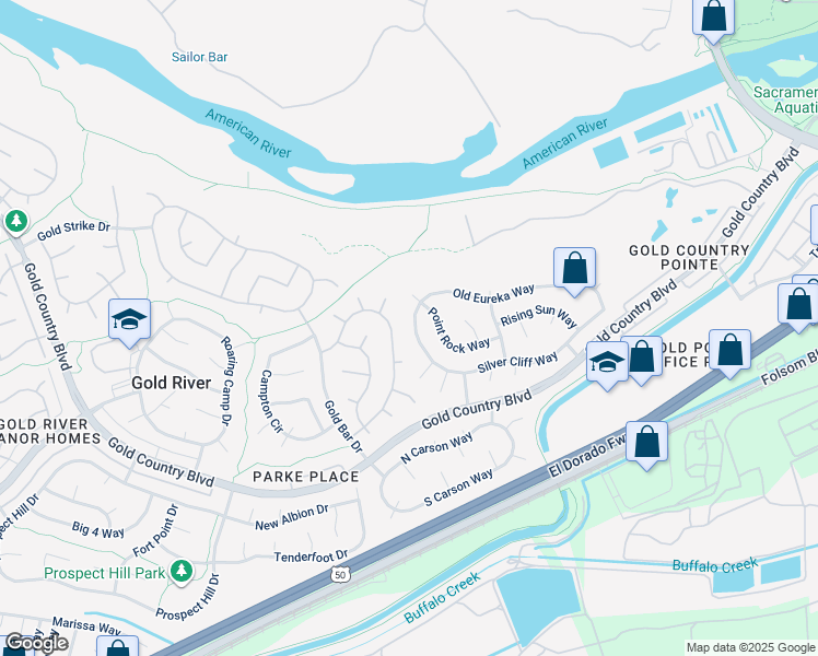 map of restaurants, bars, coffee shops, grocery stores, and more near 11741 Old Eureka Way in Gold River