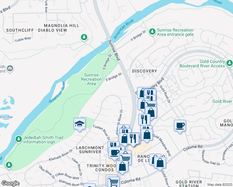 map of restaurants, bars, coffee shops, grocery stores, and more near 2023 Klamath River Drive in Rancho Cordova