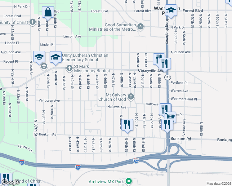 map of restaurants, bars, coffee shops, grocery stores, and more near 1438 North 47th Street in East St. Louis