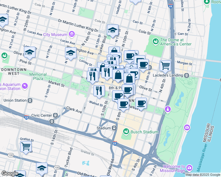 map of restaurants, bars, coffee shops, grocery stores, and more near 109 North 10th Street in St. Louis