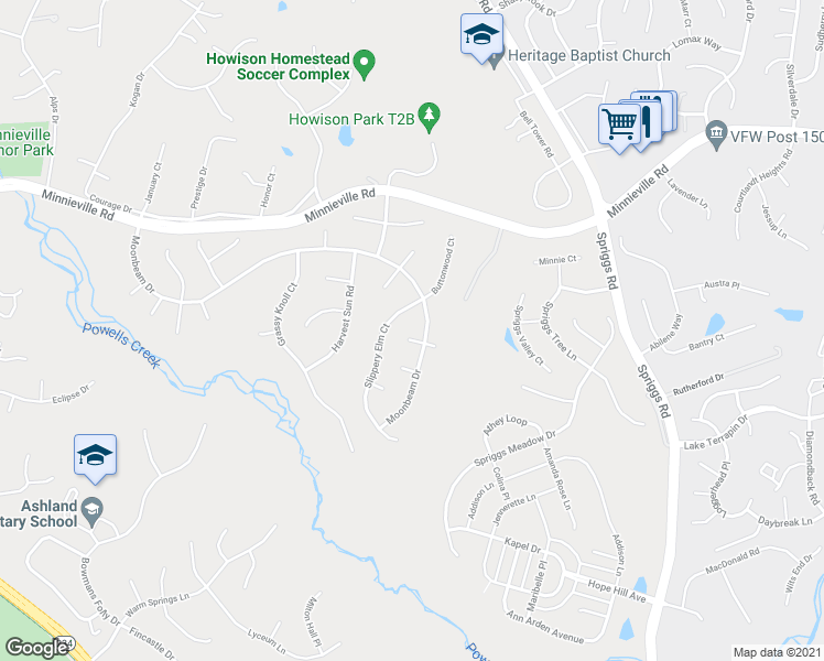 map of restaurants, bars, coffee shops, grocery stores, and more near 15005 Starry Night Court in Woodbridge
