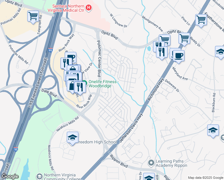 map of restaurants, bars, coffee shops, grocery stores, and more near 2303 Potomac Club Parkway in Woodbridge