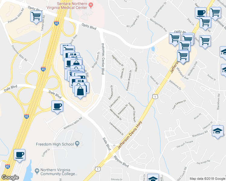 map of restaurants, bars, coffee shops, grocery stores, and more near 2554 Eastbourne Drive in Woodbridge