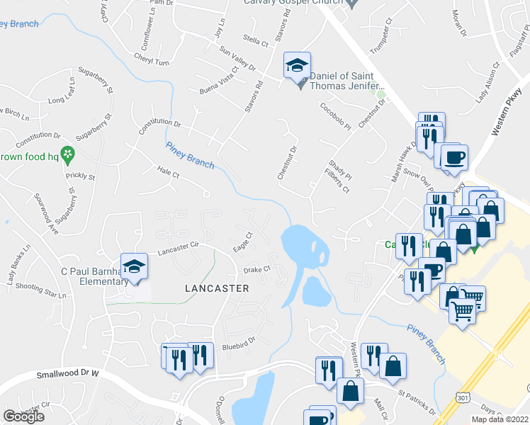 map of restaurants, bars, coffee shops, grocery stores, and more near 4435 Eagle Court in Waldorf