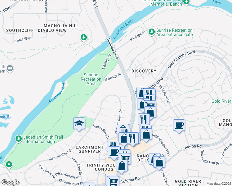 map of restaurants, bars, coffee shops, grocery stores, and more near 2023 Klamath River Drive in Rancho Cordova