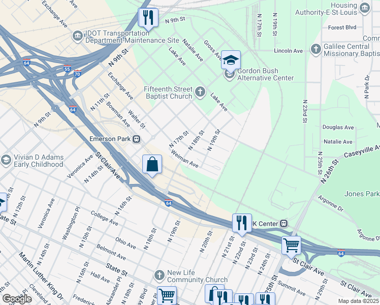 map of restaurants, bars, coffee shops, grocery stores, and more near 1809 Exchange Avenue in East St. Louis